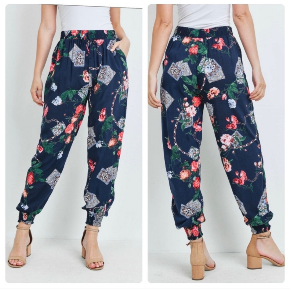 Navy Floral Elastic Cuff Pants